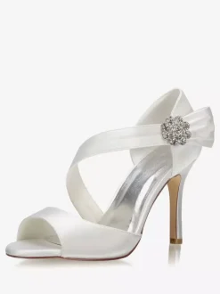 Satin Wedding Shoes Ivory Open Toe Rhinestones High Heel Bridal Shoes