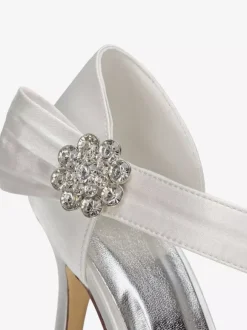 Satin Wedding Shoes Ivory Open Toe Rhinestones High Heel Bridal Shoes
