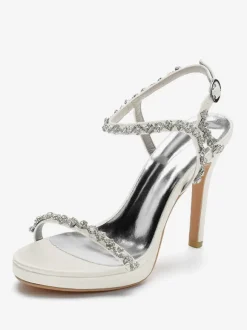 Satin Wedding Shoes Open Toe Rhinestones Buckle Detail Stiletto Heel Bridal Sandals