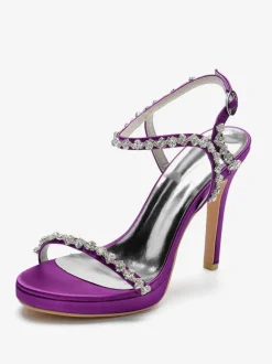 Satin Wedding Shoes Open Toe Rhinestones Buckle Detail Stiletto Heel Bridal Sandals