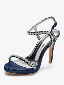 Satin Wedding Shoes Open Toe Rhinestones Buckle Detail Stiletto Heel Bridal Sandals