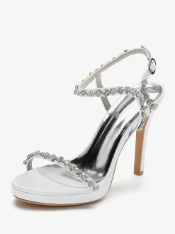 Satin Wedding Shoes Open Toe Rhinestones Buckle Detail Stiletto Heel Bridal Sandals