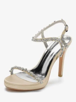 Satin Wedding Shoes Open Toe Rhinestones Buckle Detail Stiletto Heel Bridal Sandals