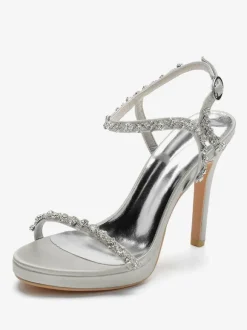 Satin Wedding Shoes Open Toe Rhinestones Buckle Detail Stiletto Heel Bridal Sandals