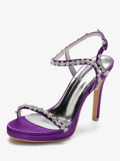 Satin Wedding Shoes Open Toe Rhinestones Buckle Detail Stiletto Heel Bridal Sandals