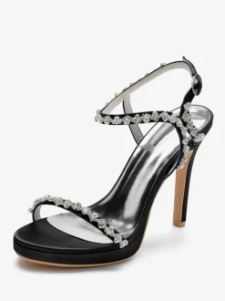 Satin Wedding Shoes Open Toe Rhinestones Buckle Detail Stiletto Heel Bridal Sandals