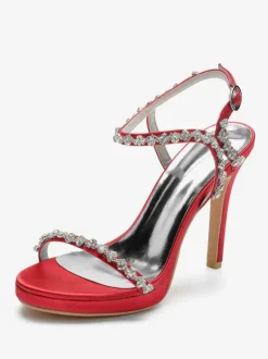 Satin Wedding Shoes Open Toe Rhinestones Buckle Detail Stiletto Heel Bridal Sandals