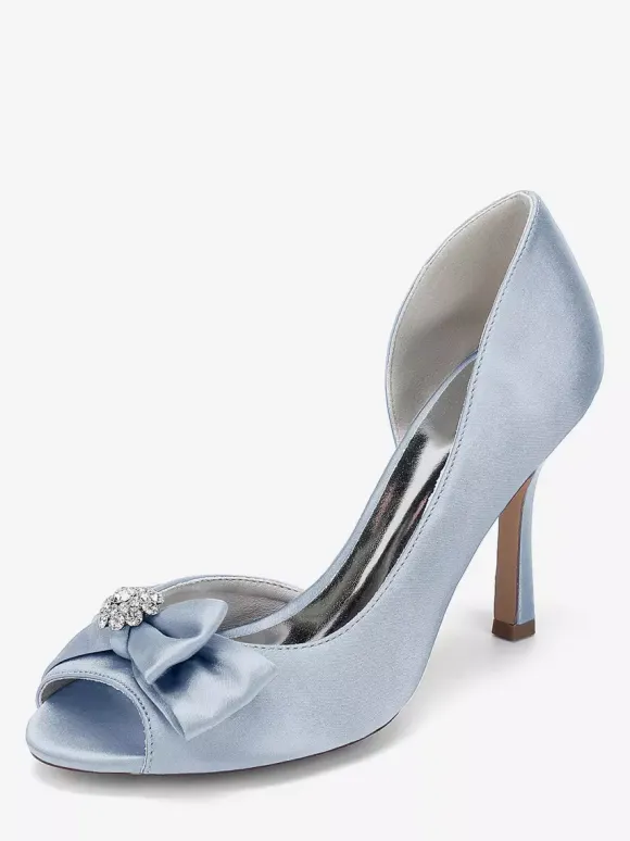 Satin Wedding Shoes Peep Toe Bow High Heel Wedding Guest Shoes