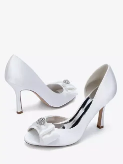 Satin Wedding Shoes Peep Toe Bow High Heel Wedding Guest Shoes