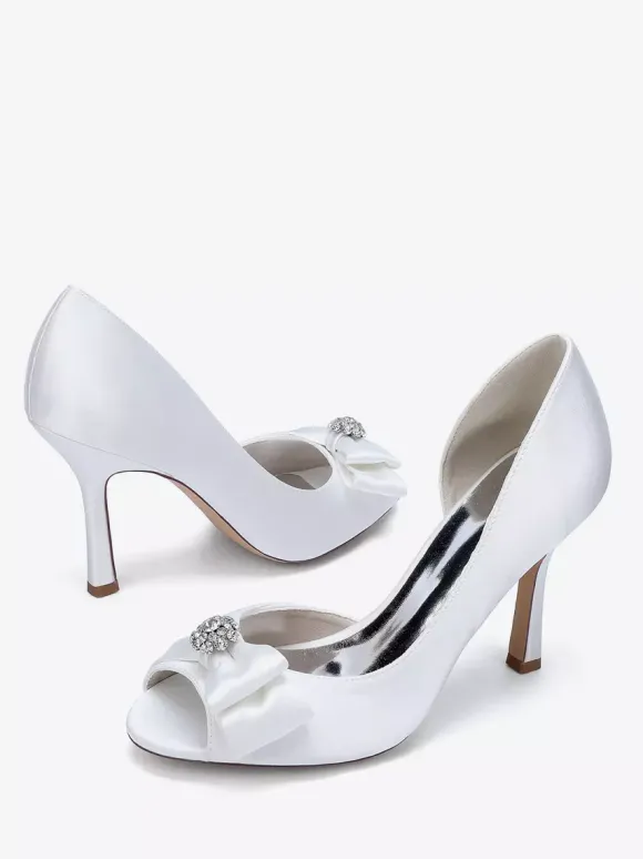 Satin Wedding Shoes Peep Toe Bow High Heel Wedding Guest Shoes