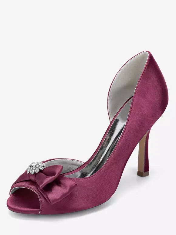 Satin Wedding Shoes Peep Toe Bow High Heel Wedding Guest Shoes