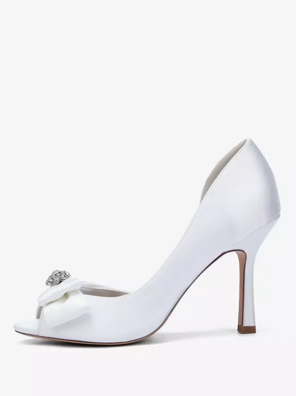 Satin Wedding Shoes Peep Toe Bow High Heel Wedding Guest Shoes
