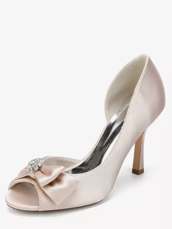 Satin Wedding Shoes Peep Toe Bow High Heel Wedding Guest Shoes