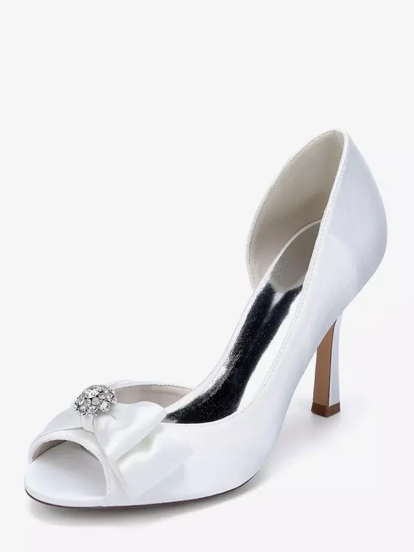 Satin Wedding Shoes Peep Toe Bow High Heel Wedding Guest Shoes