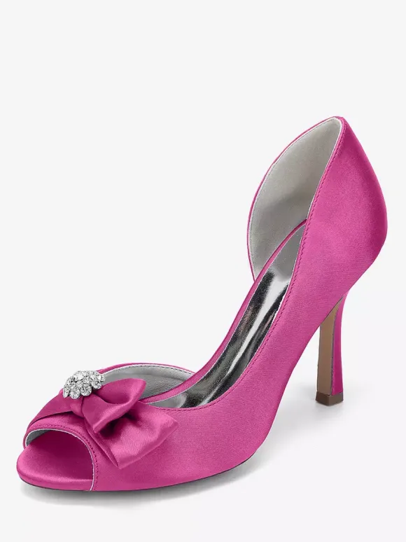 Satin Wedding Shoes Peep Toe Bow High Heel Wedding Guest Shoes