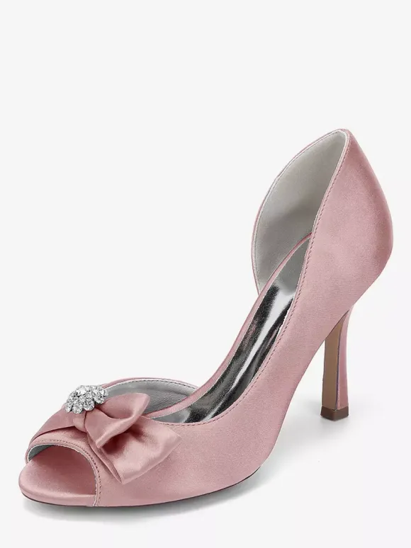 Satin Wedding Shoes Peep Toe Bow High Heel Wedding Guest Shoes
