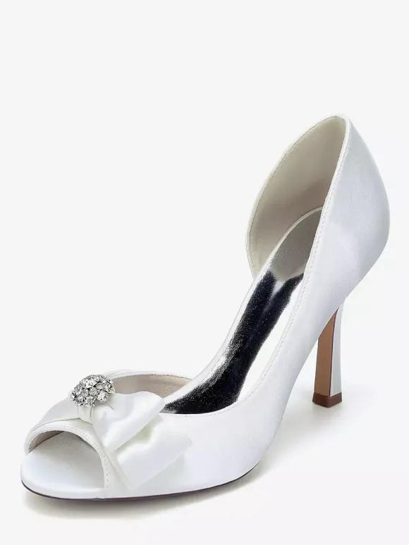 Satin Wedding Shoes Peep Toe Bow High Heel Wedding Guest Shoes