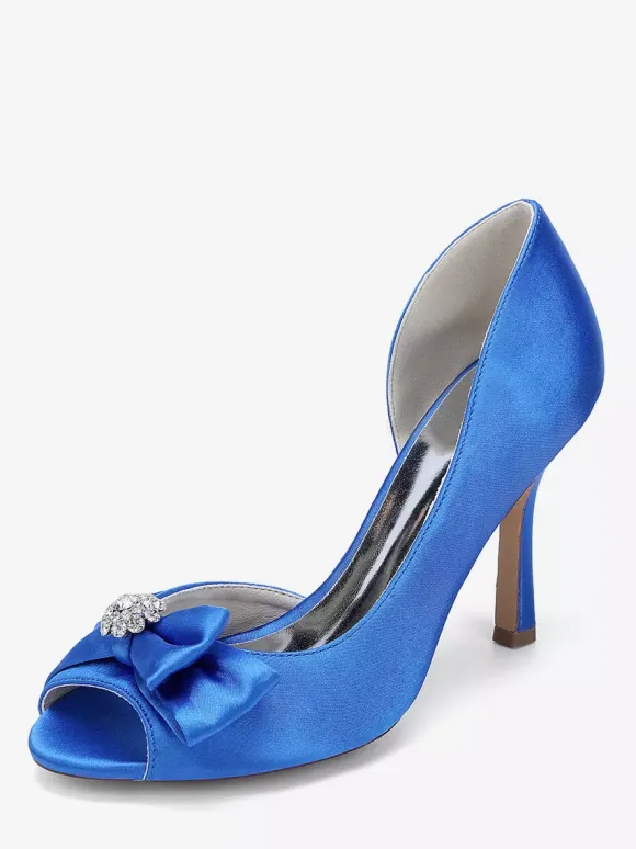 Satin Wedding Shoes Peep Toe Bow High Heel Wedding Guest Shoes