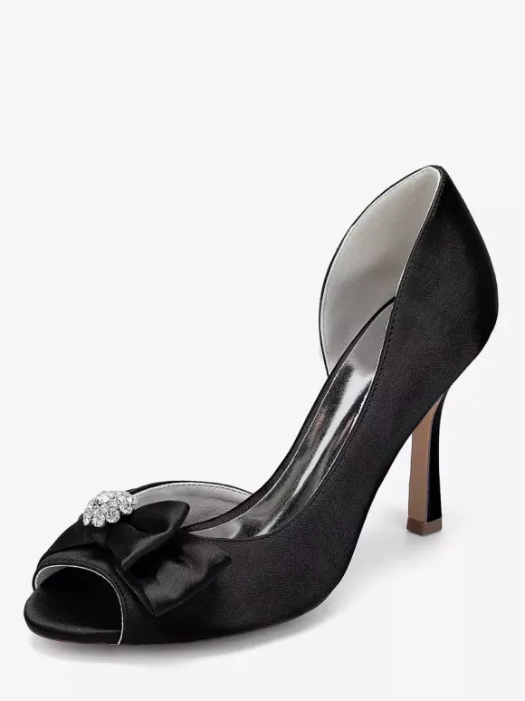 Satin Wedding Shoes Peep Toe Bow High Heel Wedding Guest Shoes