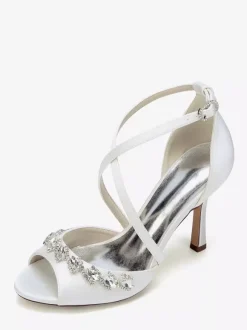 Satin Wedding Shoes Peep Toe Rhinestones Criss Cross Bridal Shoes