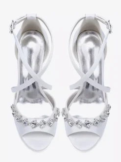 Satin Wedding Shoes Peep Toe Rhinestones Criss Cross Bridal Shoes