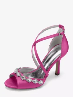 Satin Wedding Shoes Peep Toe Rhinestones Criss Cross Bridal Shoes