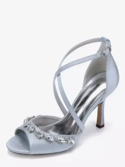 Satin Wedding Shoes Peep Toe Rhinestones Criss Cross Bridal Shoes