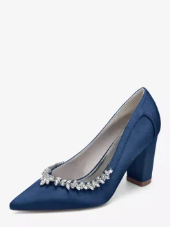 Satin Wedding Shoes Pointed Toe Rhinestones Chunky Heel Bridal Shoes