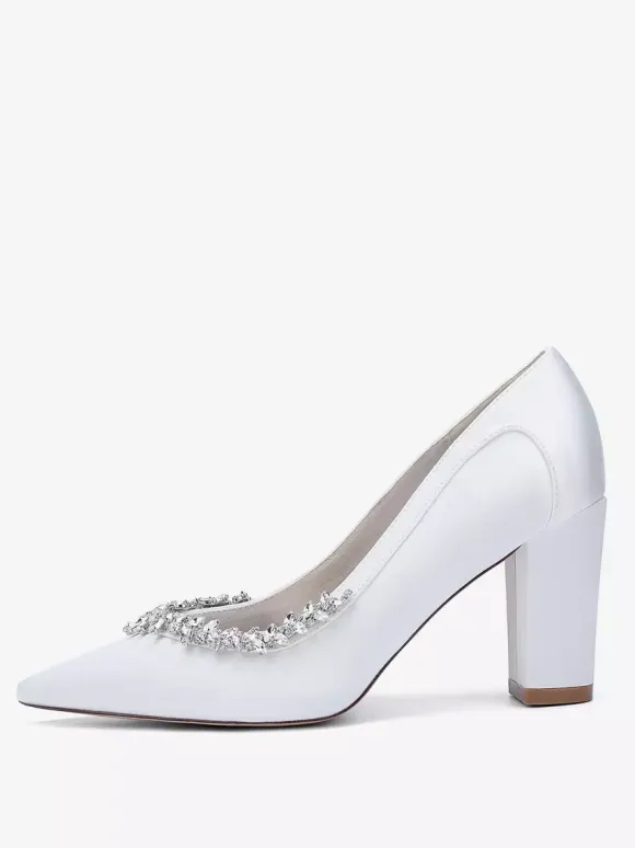 Satin Wedding Shoes Pointed Toe Rhinestones Chunky Heel Bridal Shoes
