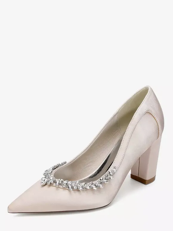Satin Wedding Shoes Pointed Toe Rhinestones Chunky Heel Bridal Shoes