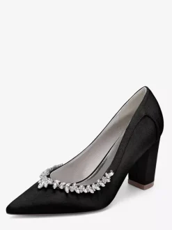 Satin Wedding Shoes Pointed Toe Rhinestones Chunky Heel Bridal Shoes