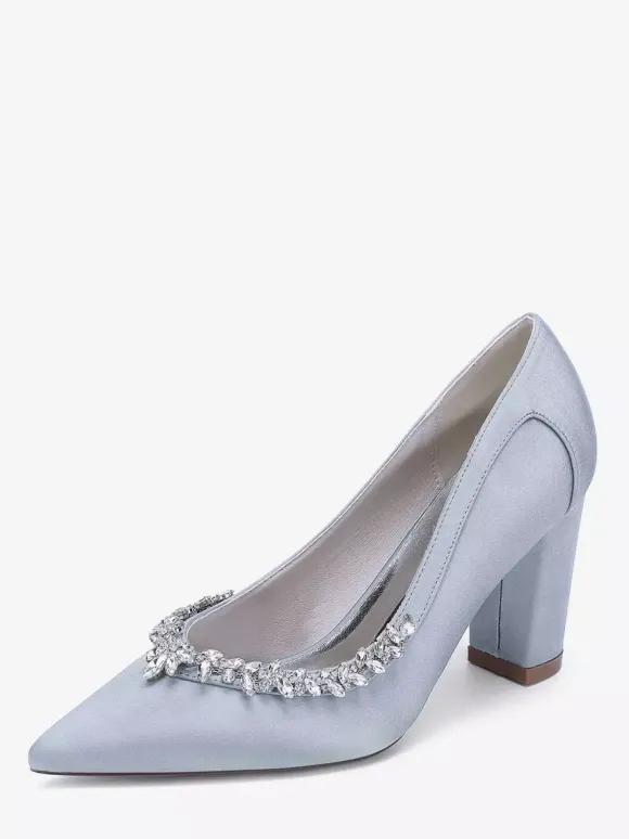 Satin Wedding Shoes Pointed Toe Rhinestones Chunky Heel Bridal Shoes