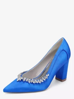 Satin Wedding Shoes Pointed Toe Rhinestones Chunky Heel Bridal Shoes