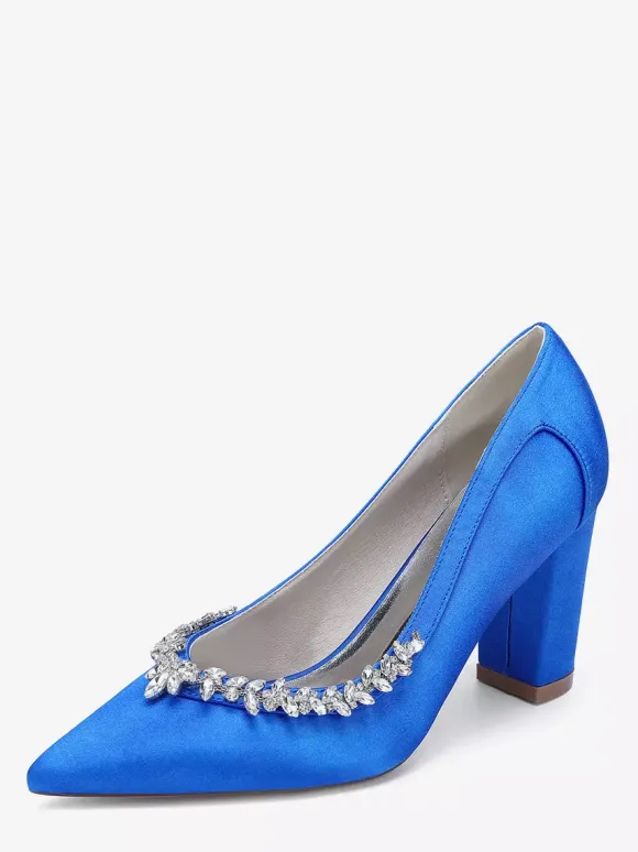 Satin Wedding Shoes Pointed Toe Rhinestones Chunky Heel Bridal Shoes