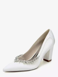 Satin Wedding Shoes Pointed Toe Rhinestones Chunky Heel Bridal Shoes