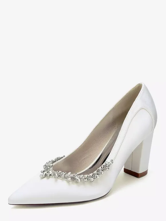 Satin Wedding Shoes Pointed Toe Rhinestones Chunky Heel Bridal Shoes