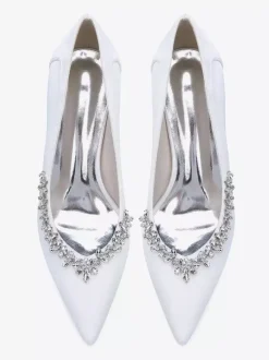 Satin Wedding Shoes Pointed Toe Rhinestones Chunky Heel Bridal Shoes