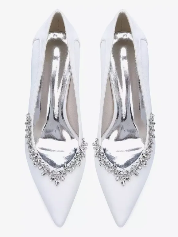 Satin Wedding Shoes Pointed Toe Rhinestones Chunky Heel Bridal Shoes