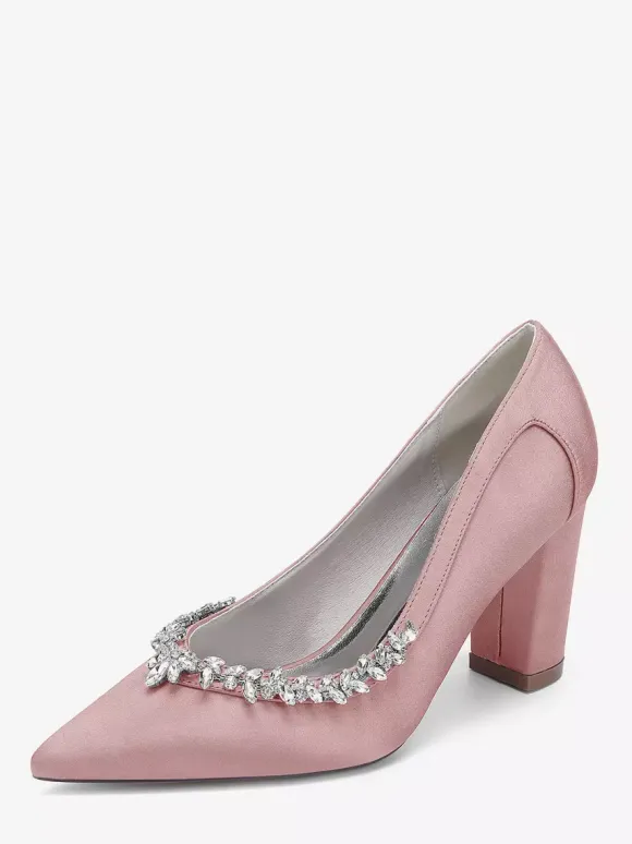 Satin Wedding Shoes Pointed Toe Rhinestones Chunky Heel Bridal Shoes