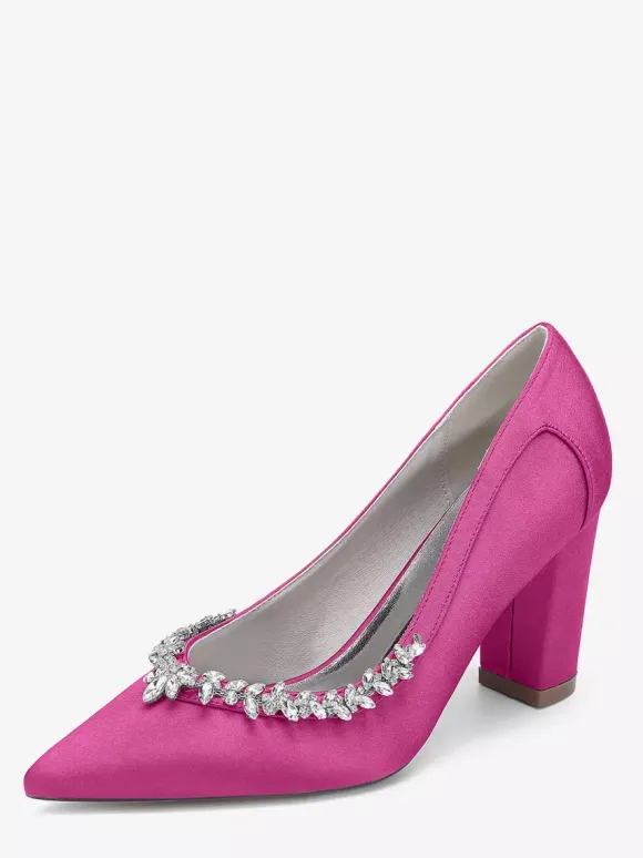 Satin Wedding Shoes Pointed Toe Rhinestones Chunky Heel Bridal Shoes