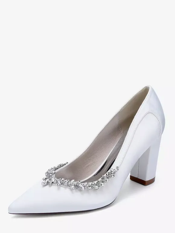 Satin Wedding Shoes Pointed Toe Rhinestones Chunky Heel Bridal Shoes