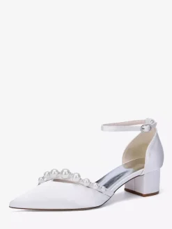 Satin Wedding Shoes Pointed Toe Pearls Ankle Strap Chunky Heel Pumps