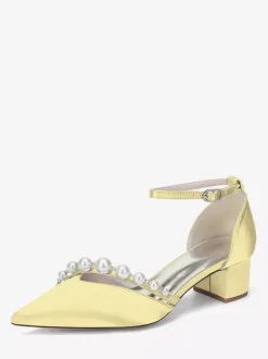 Satin Wedding Shoes Pointed Toe Pearls Ankle Strap Chunky Heel Pumps