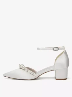 Satin Wedding Shoes Pointed Toe Pearls Ankle Strap Chunky Heel Pumps