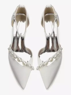 Satin Wedding Shoes Pointed Toe Pearls Ankle Strap Chunky Heel Pumps