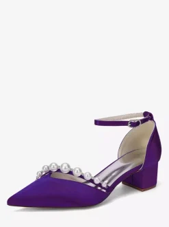 Satin Wedding Shoes Pointed Toe Pearls Ankle Strap Chunky Heel Pumps