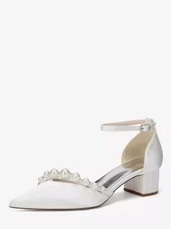 Satin Wedding Shoes Pointed Toe Pearls Ankle Strap Chunky Heel Pumps