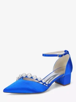 Satin Wedding Shoes Pointed Toe Pearls Ankle Strap Chunky Heel Pumps