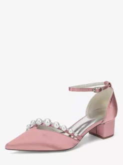 Satin Wedding Shoes Pointed Toe Pearls Ankle Strap Chunky Heel Pumps