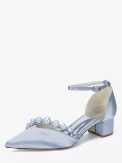 Satin Wedding Shoes Pointed Toe Pearls Ankle Strap Chunky Heel Pumps